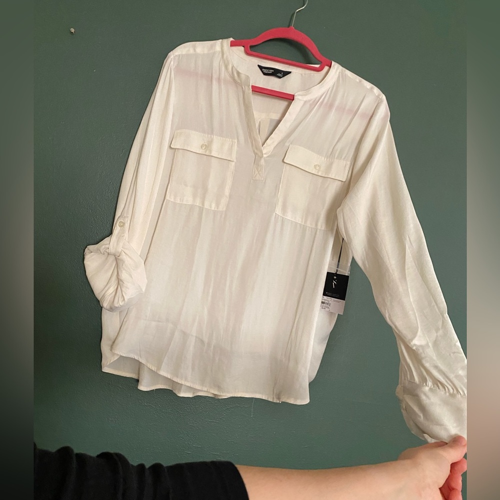 NWT- Simply Vera- roll tab popover blouse split neck (L) Vera Wang ivory white - Picture 4 of 12